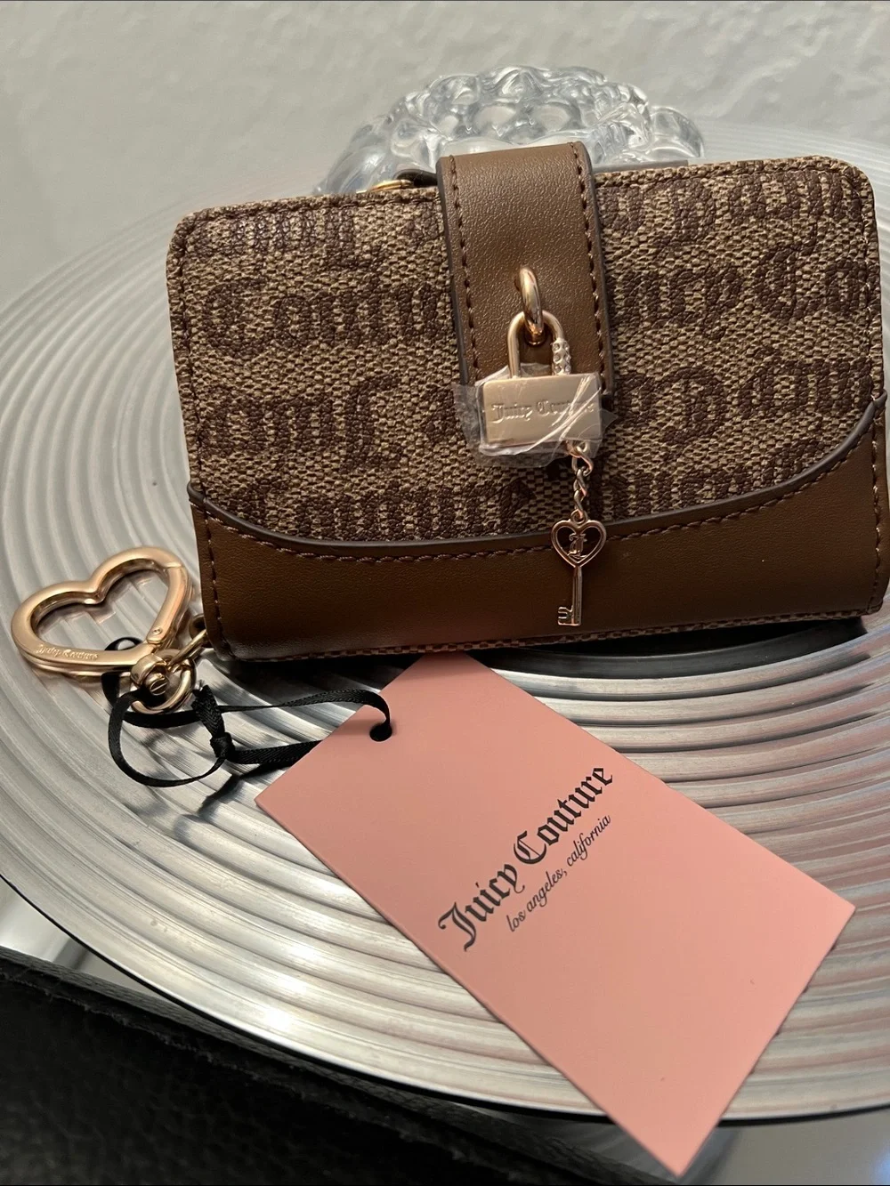 Juicy Couture NWT Brown Logo Mini Wallet with Gold Heart Key Charm